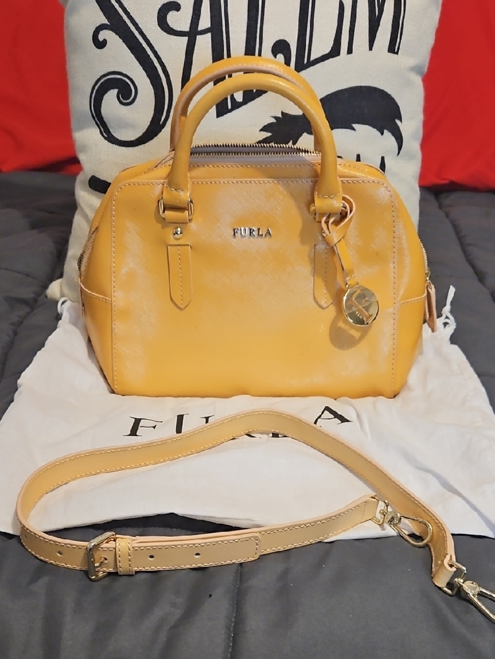 Furla Elena Dome Yellow Leather Satchel with Detachable Strap And Dust Bag